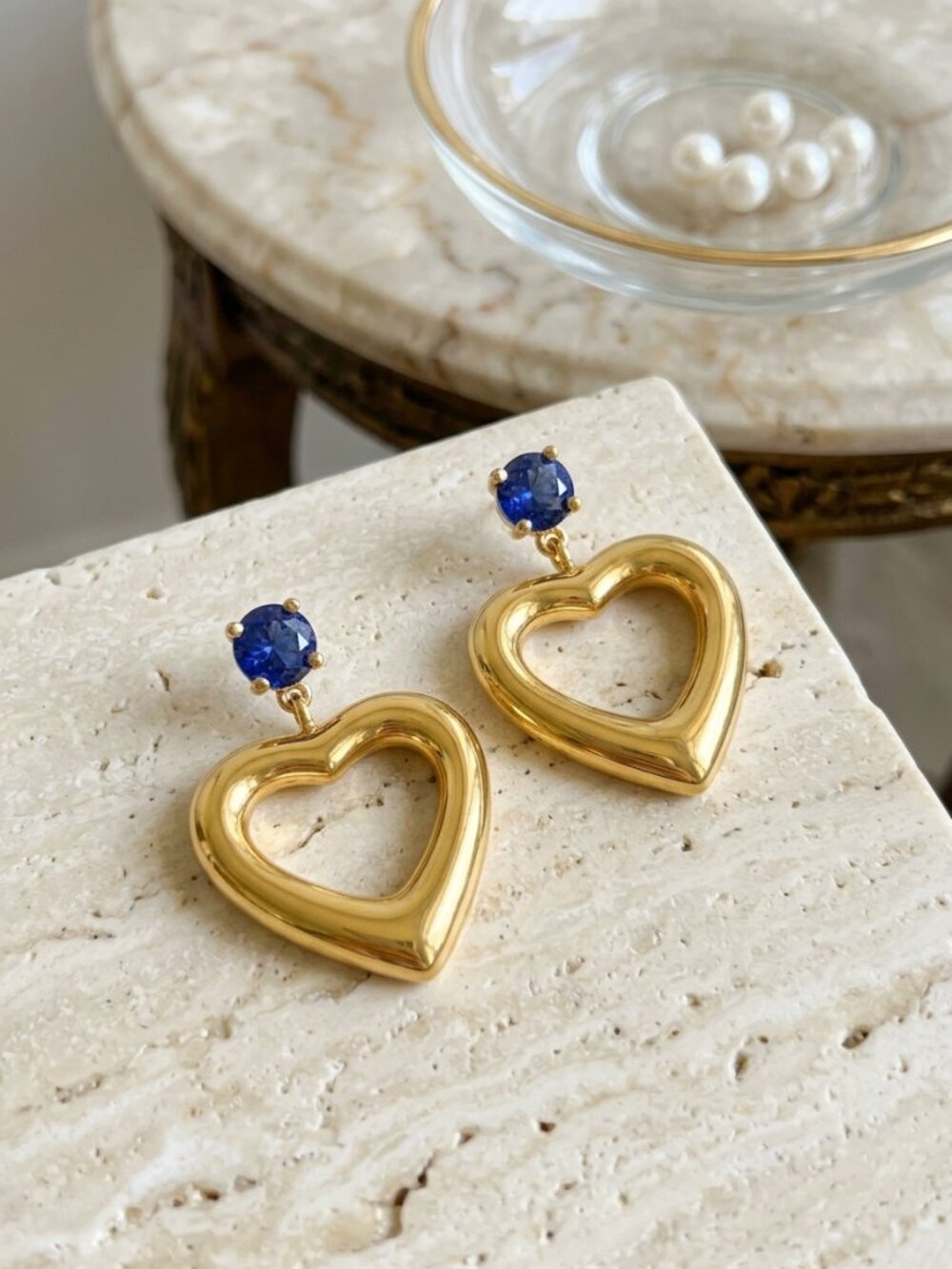18K Gold Plated Puffy Heart Drop Earrings Blue CZ Stud Coquette Glam Statement - Picture 15 of 15